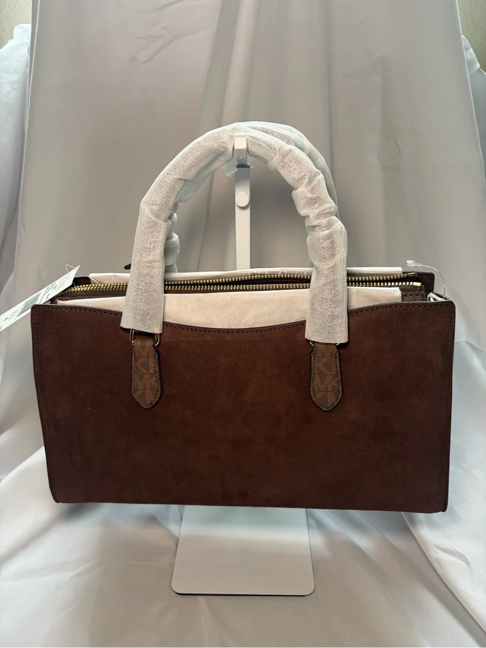 Michael Kors Dark Brown Suede Satchel with Gold Hardware